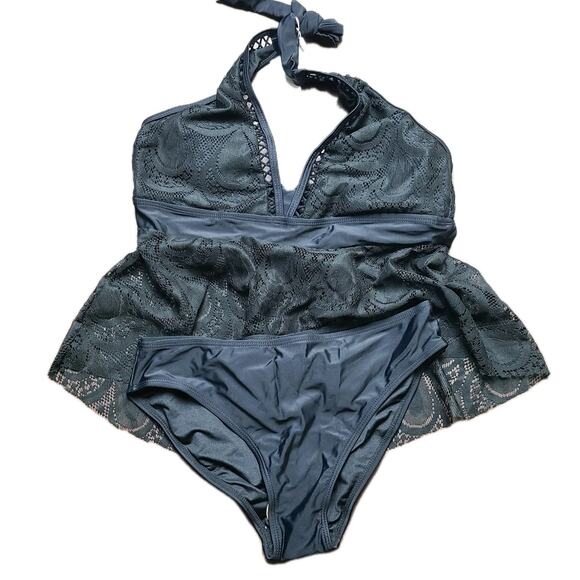 NWT Beachsissi Women’s Tankini Set Black Lace Top Black Bottoms M - Picture 1 of 8